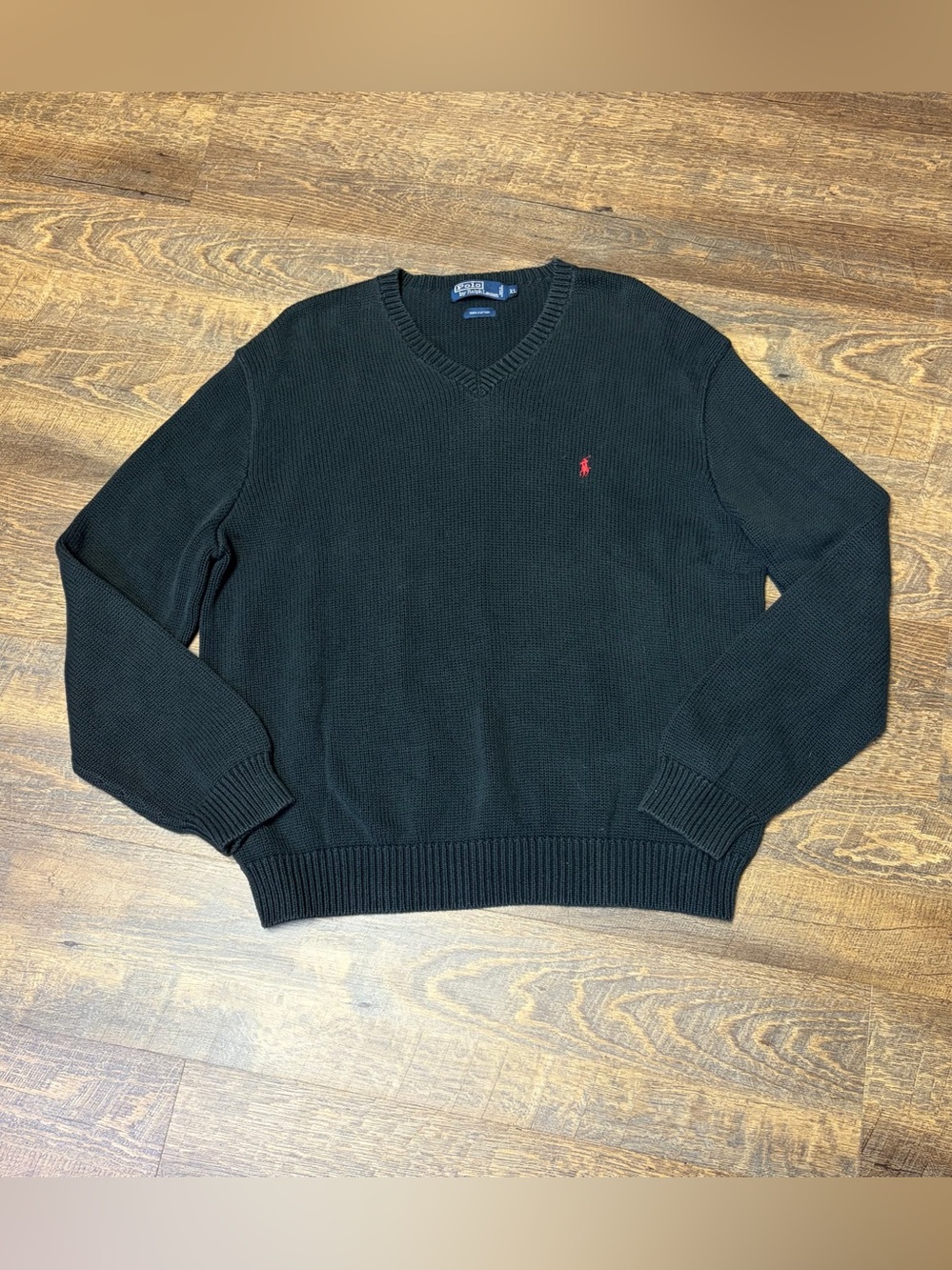 Vintage Polo Ralph Lauren Mens XL Black Red Pony Logo Thick Knit Sweater Cotton